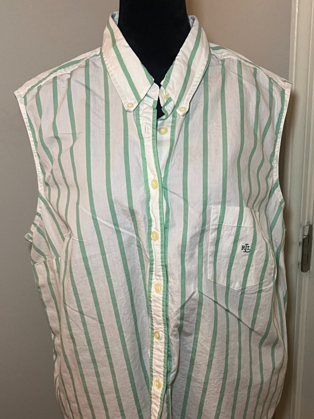 Lauren Ralph Lauren Women’s 3X Sleeveless Button Down Shirt Green White Stripe C